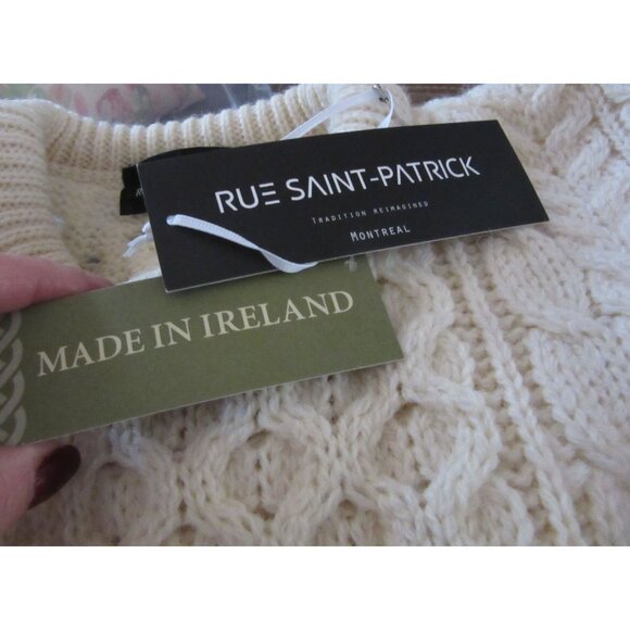 Rue Saint Patrick Cream Irish Cable Knit Sweater L Wool Crew Neck New W/ Tags - Picture 5 of 6